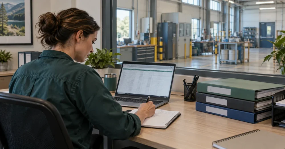 Arbetsmiljöansvarig går igenom en förteckning med produktionen i bakgrunden